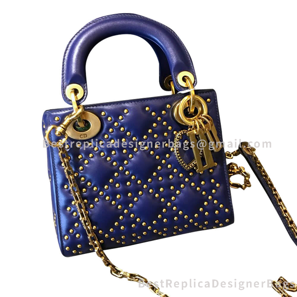 Dior Mini Lady Dior Lambskin Studded Bag Blue GHW